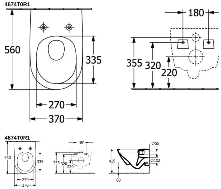 Bản vẽ kỹ thuật bồn cầu treo tường Đức Villeroy-Boch Antao 4674T0RW
