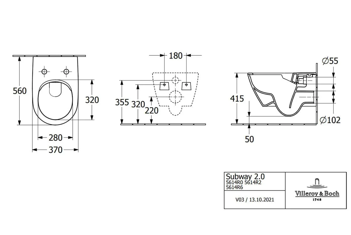 Bản vẽ kỹ thuật bồn cầu treo tường Đức Villeroy-Boch Subway 2.0 5614R0i4