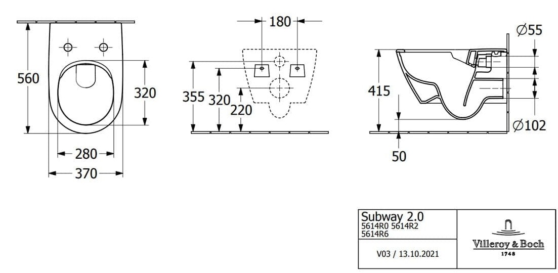 Bản vẽ kỹ thuật bồn cầu treo tường Đức Villeroy-Boch Subway 2.0 5614R0AM