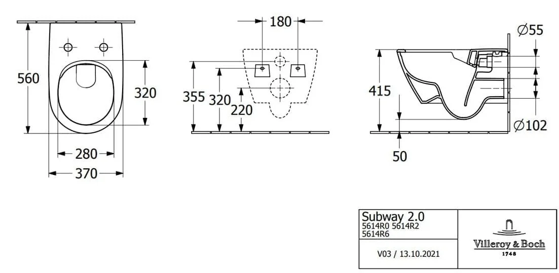 Bản vẽ kỹ thuật bồn cầu treo tường Đức Villeroy-Boch Subway 2.0 5614R0AM