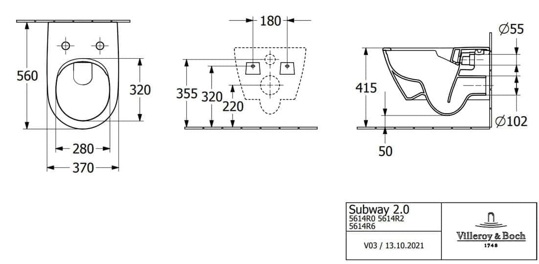 Bản vẽ kỹ thuật bồn cầu treo tường Đức Villeroy-Boch Subway 2.0 5614R0R7