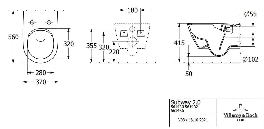Bản vẽ kỹ thuật bồn cầu treo tường Đức Villeroy-Boch Subway 2.0 5614R0R7
