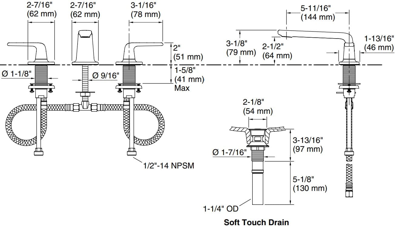 Bản vẽ vòi lavabo nóng lạnh gắn chậu Kallista P24700-LV-BAF