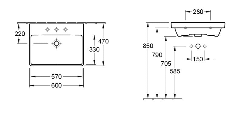 Bản vẽ kỹ thuật chậu rửa lavabo Đức Villeroy-boch Avento 41586001