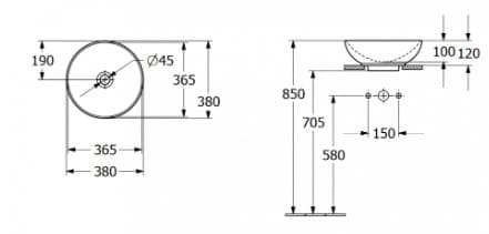 Bản vẽ kỹ thuật chậu rửa lavabo dương bàn Đức Villeroy-boch Loop & Friends 4A4500i4