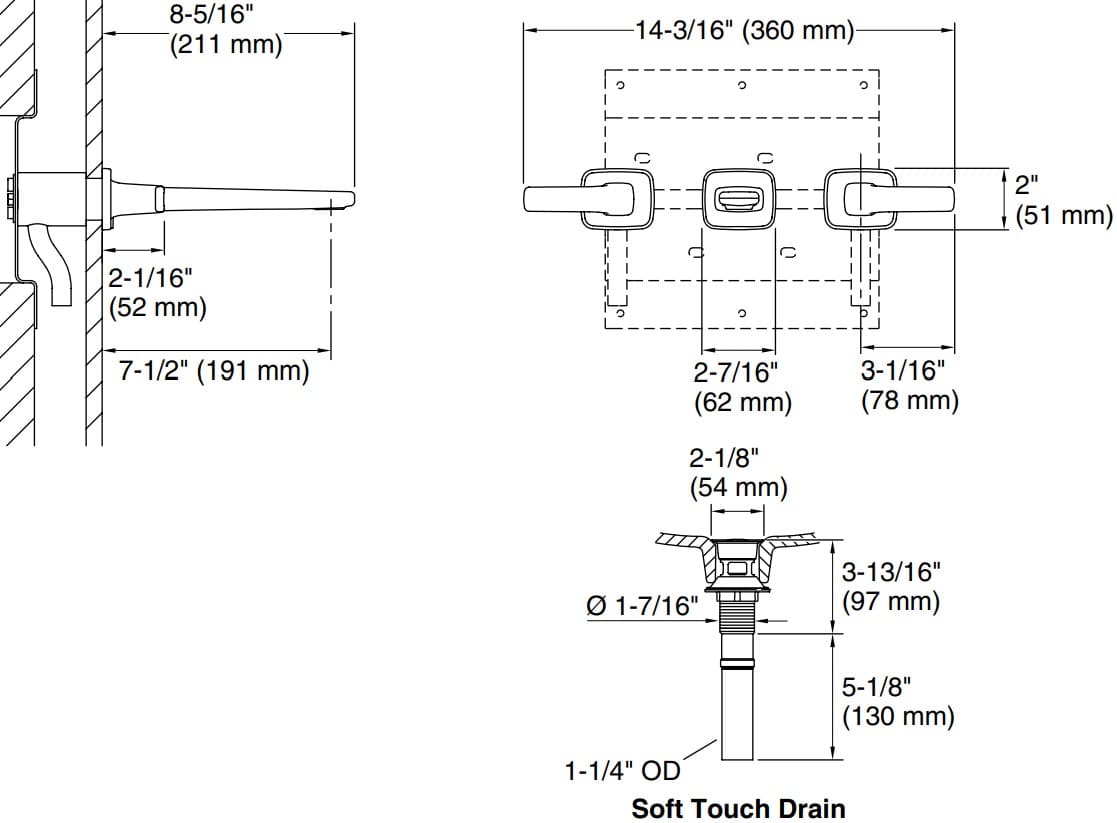 Bản vẽ vòi lavabo nóng lạnh gắn tường Kallista P24702