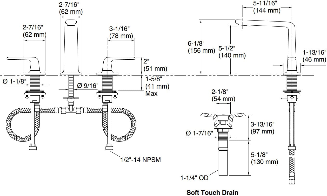 Bản vẽ vòi lavabo nóng lạnh gắn chậu Kallista P24736