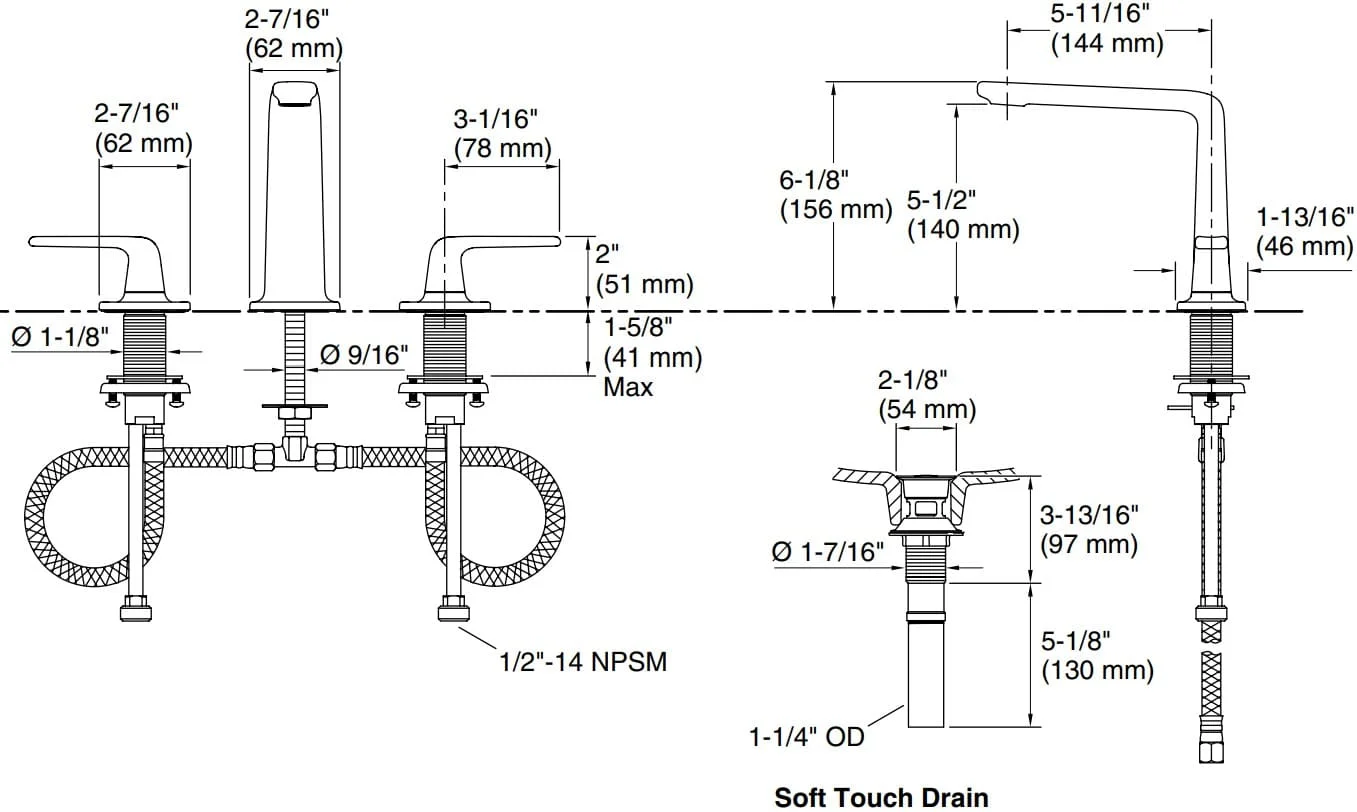 Bản vẽ vòi lavabo nóng lạnh gắn chậu Kallista P24736
