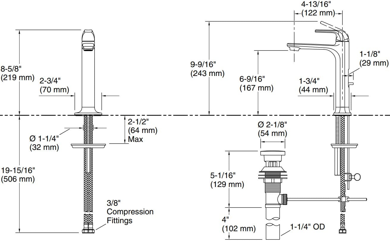 Bản vẽ vòi lavabo nóng lạnh gắn chậu Kallista P26624