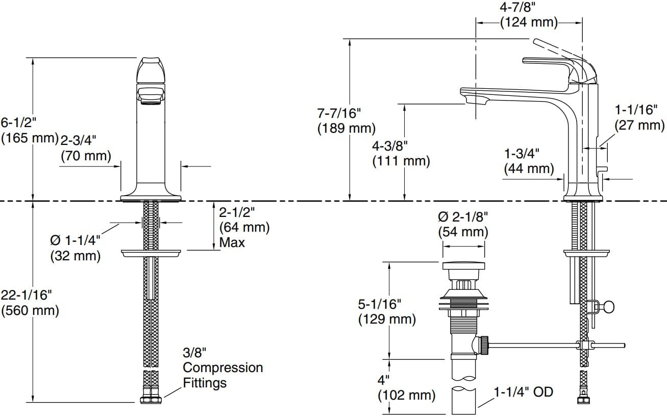 Bản vẽ vòi lavabo nóng lạnh gắn chậu Kallista P26625