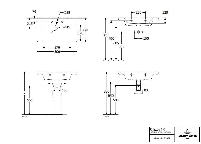 Bản vẽ kỹ thuật chậu rửa lavabo Đức Villeroy-boch Subway 3.0 4A708001
