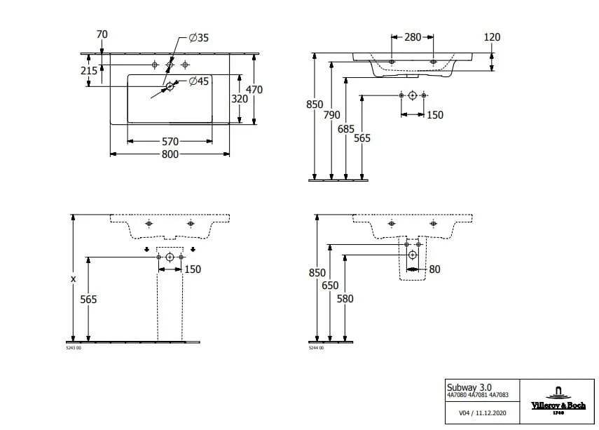 Bản vẽ kỹ thuật chậu rửa lavabo Đức Villeroy-boch Subway 3.0 4A708001