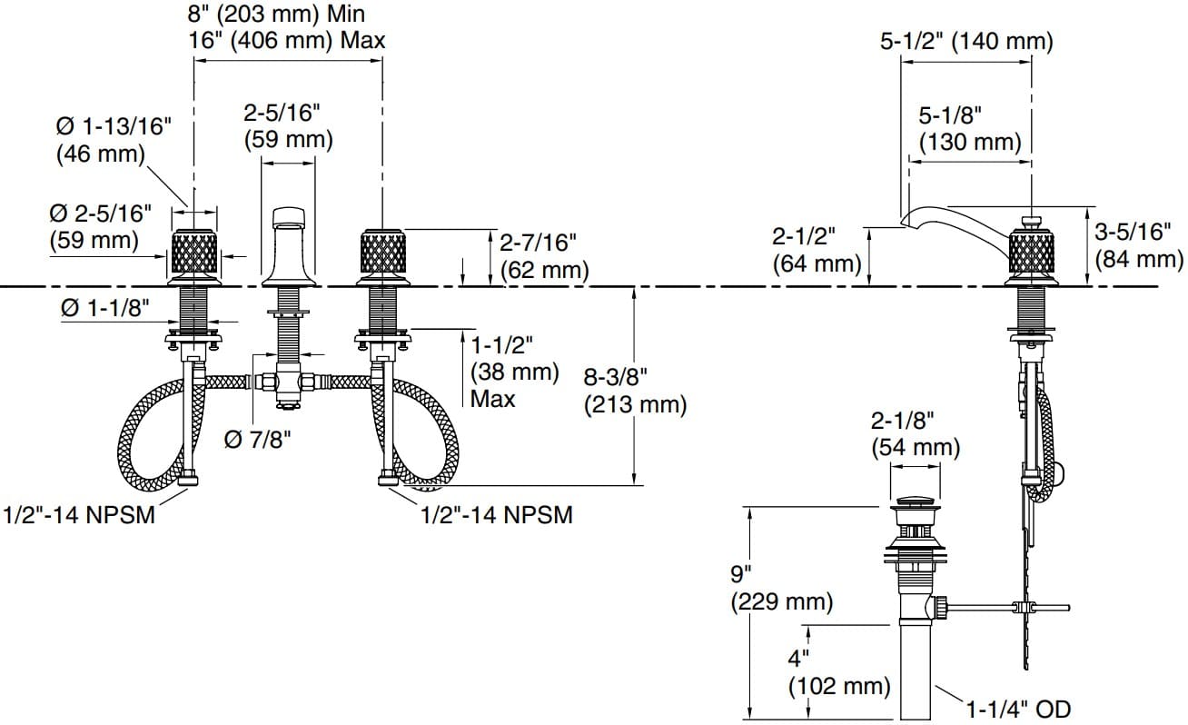 Bản vẽ vòi lavabo nóng lạnh gắn chậu Kallista P25050