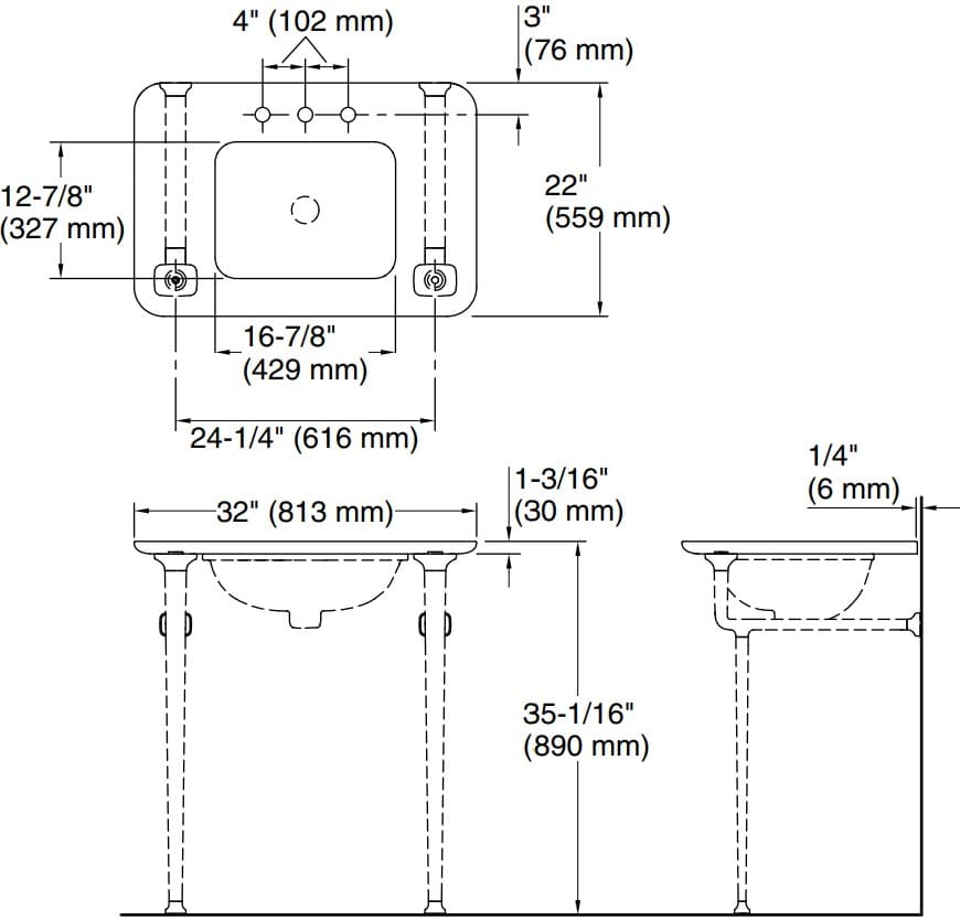 Bản vẽ mặt bàn lavabo trắng Kallista P74061