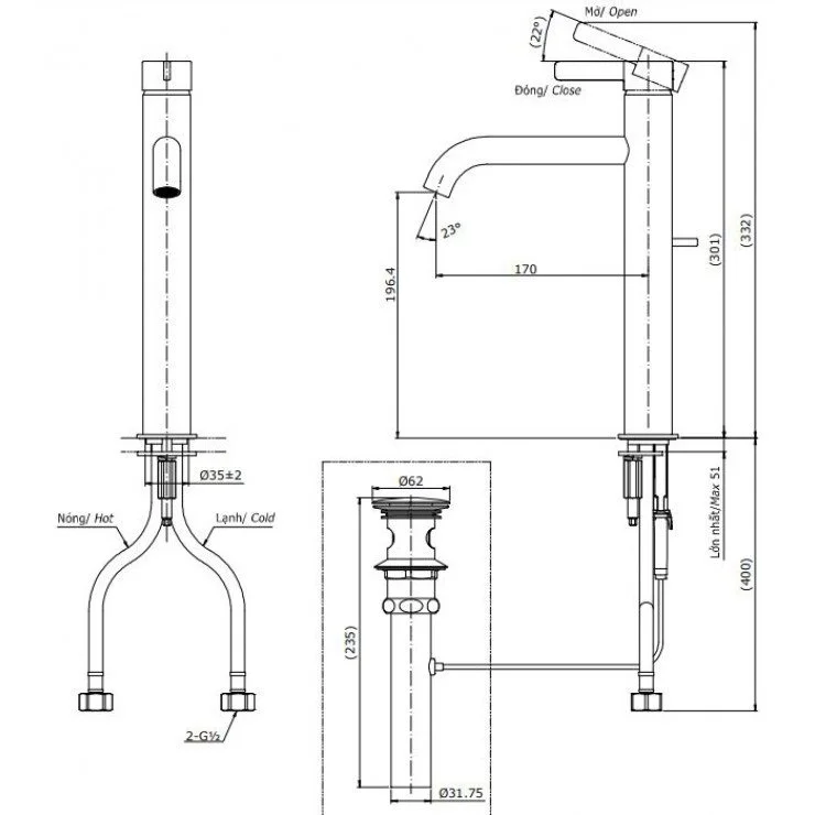 Bản vẽ kỹ thuật vòi chậu lavabo nóng lạnh thân cao TOTO TLG11305B