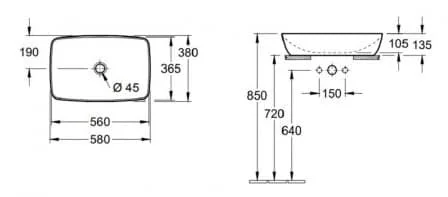 Bản vẽ kỹ thuật chậu rửa lavabo dương bàn Đức Villeroy-boch Artis 417258BCS8
