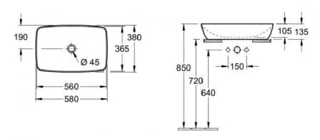 Bản vẽ kỹ thuật chậu rửa lavabo dương bàn Đức Villeroy-boch Artis 417258BCW8