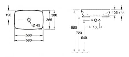 Bản vẽ kỹ thuật chậu rửa lavabo dương bàn Đức Villeroy-boch Artis 417258BCW9