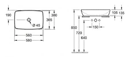 Bản vẽ kỹ thuật chậu rửa lavabo dương bàn Đức Villeroy-boch Artis 417258BCW9