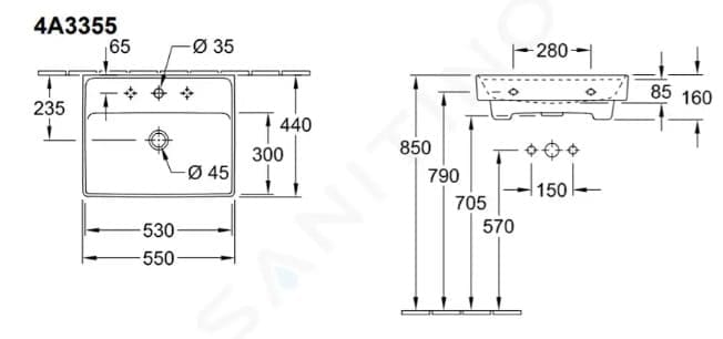 Bản vẽ kỹ thuật chậu rửa lavabo bàn đá Đức Villeroy-boch Collaro 4A3355RW
