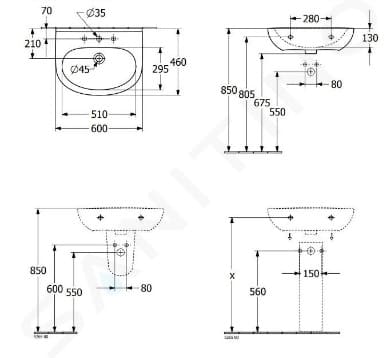 Bản vẽ kỹ thuật chậu rửa lavabo Đức Villeroy-boch O.novo 4A406001