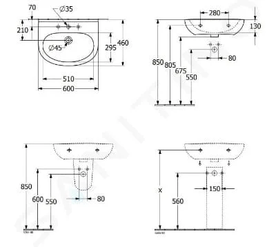 Bản vẽ kỹ thuật chậu rửa lavabo Đức Villeroy-boch O.novo 4A406001
