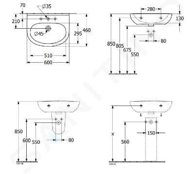 Bản vẽ kỹ thuật chậu rửa lavabo Đức Villeroy-boch O.novo 4A4060R3
