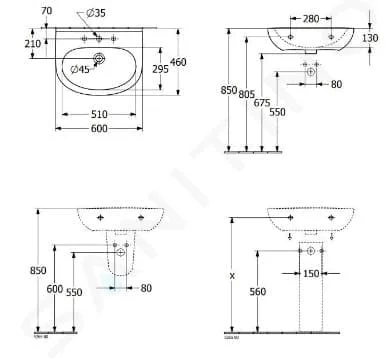 Bản vẽ kỹ thuật chậu rửa lavabo Đức Villeroy-boch O.novo 4A4060R3