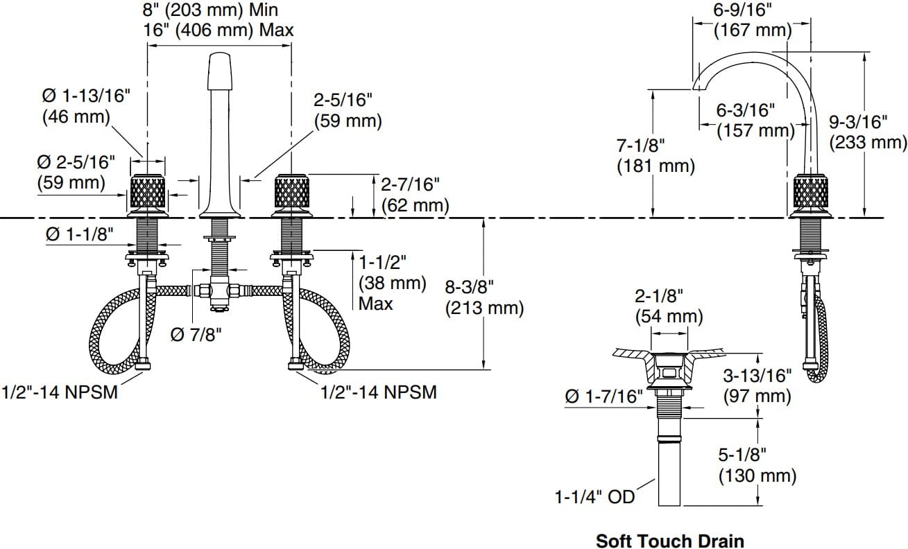 Bản vẽ vòi lavabo nóng lạnh gắn chậu Kallista P25051