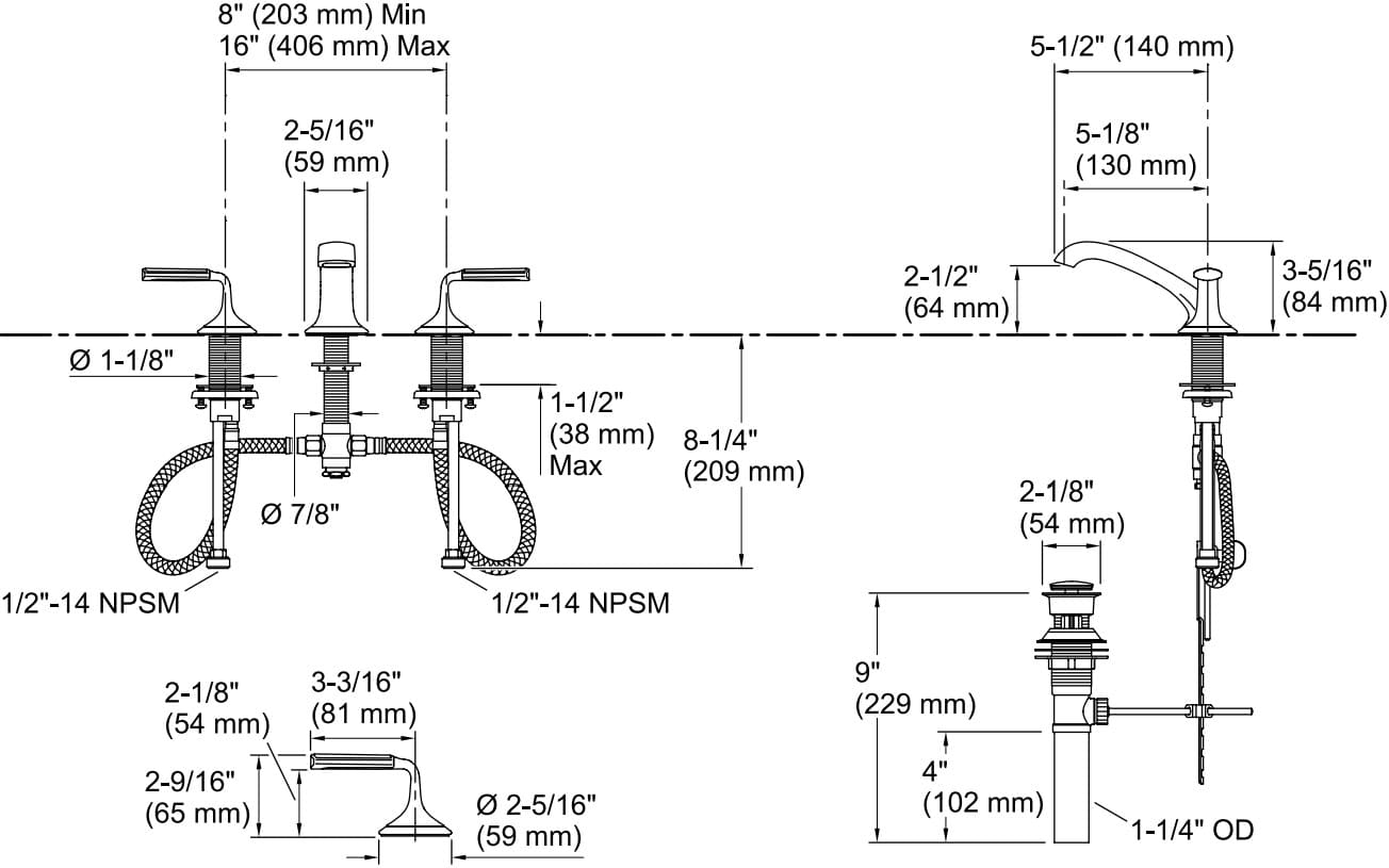 Bản vẽ vòi lavabo nóng lạnh gắn chậu Kallista P25054