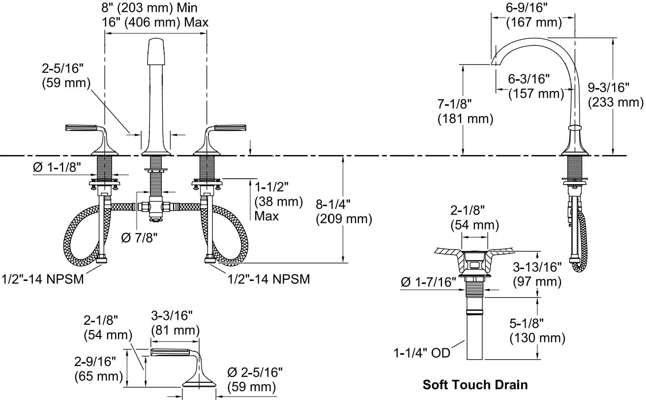 Bản vẽ vòi lavabo nóng lạnh gắn chậu Kallista P25055