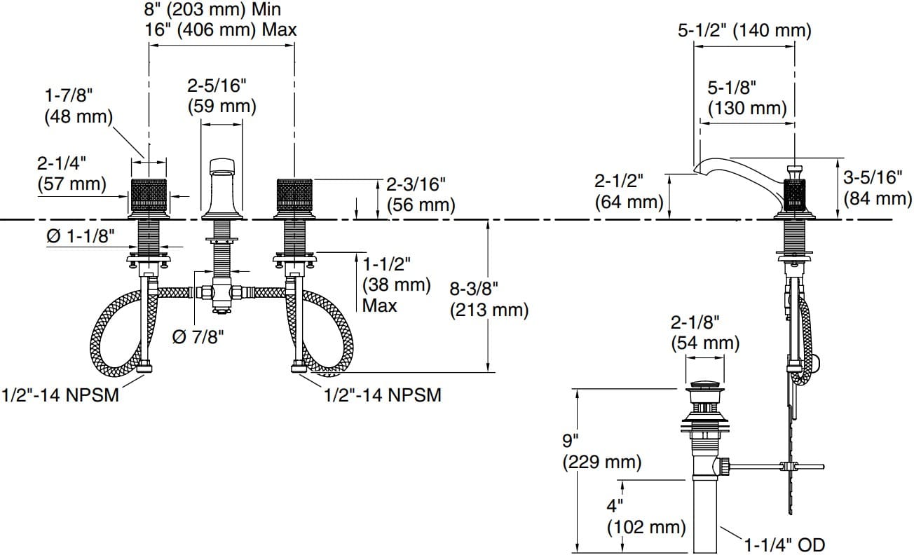 Bản vẽ vòi lavabo nóng lạnh gắn chậu Kallista P25056