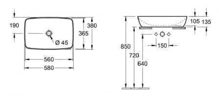 Bản vẽ kỹ thuật chậu rửa lavabo dương bàn Đức Villeroy-boch Artis 41725801