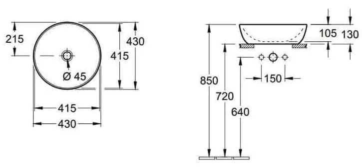 Bản vẽ kỹ thuật chậu rửa lavabo dương bàn Đức Villeroy-boch Artis 417943BCT0