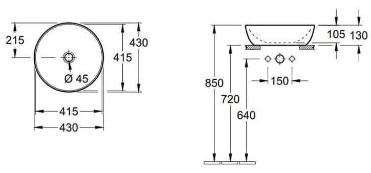 Bản vẽ kỹ thuật chậu rửa lavabo dương bàn Đức Villeroy-boch Artis 417943BCT7