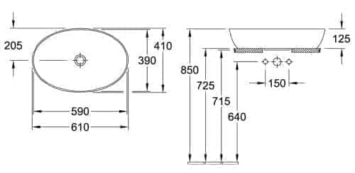 Bản vẽ kỹ thuât chậu rửa lavabo dương bàn Đức Villeroy-boch Artis 438848BCT8