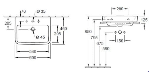 Bản vẽ kỹ thuật chậu rửa lavabo Đức Villeroy-boch O.novo 4A416G01