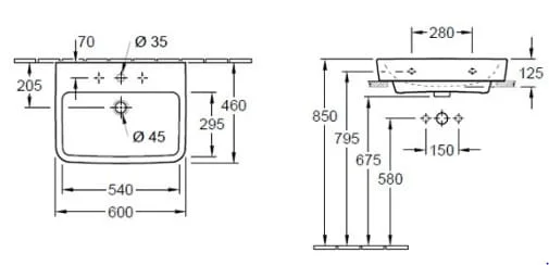 Bản vẽ kỹ thuật chậu rửa lavabo Đức Villeroy-boch O.novo 4A416G01