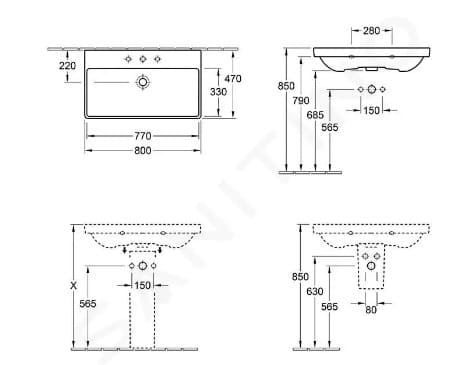 Bản vẽ kỹ thuật chậu rửa lavabo Đức Villeroy-boch Avento 415680RW