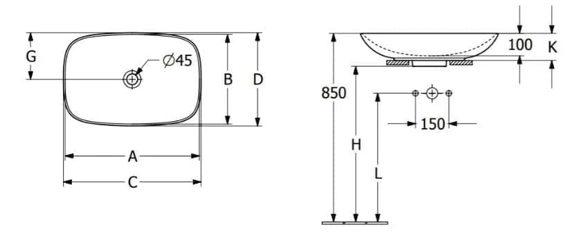 Bản vẽ kỹ thuật chậu rửa lavabo dương bàn Đức Villeroy-boch Loop & Friends 4A5000R7