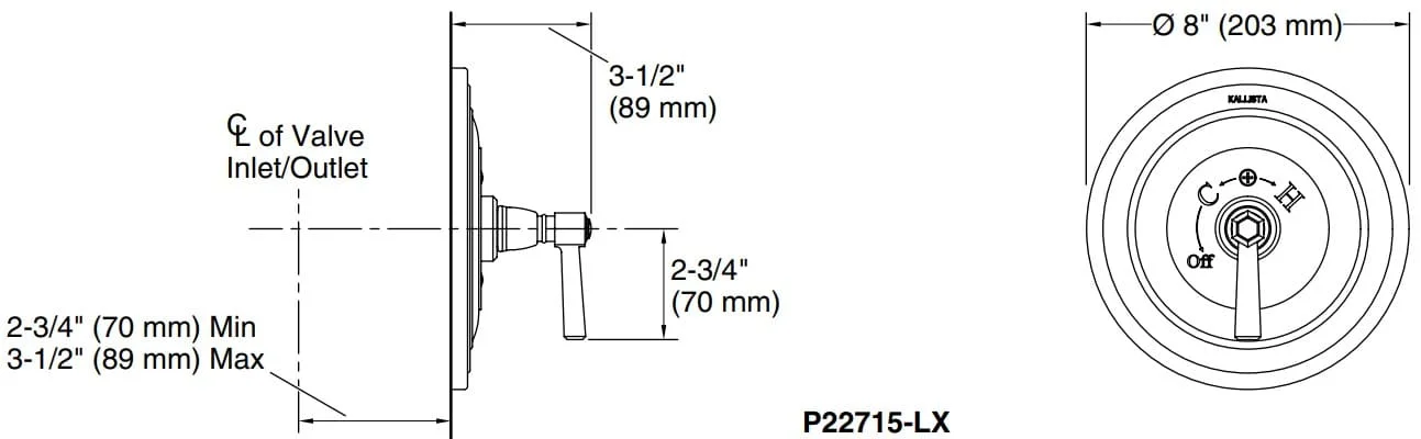 Bản vẽ mặt nạ điều chỉnh gắn tường Kallista P22715-LX
