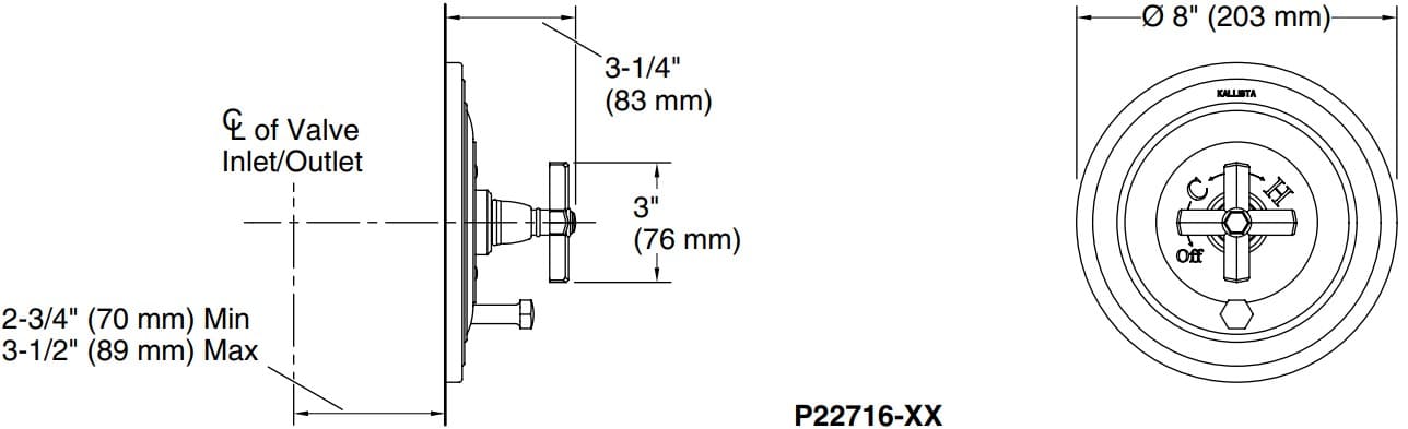 Bản vẽ mặt nạ điều chỉnh gắn tường Kallista P22716-XX