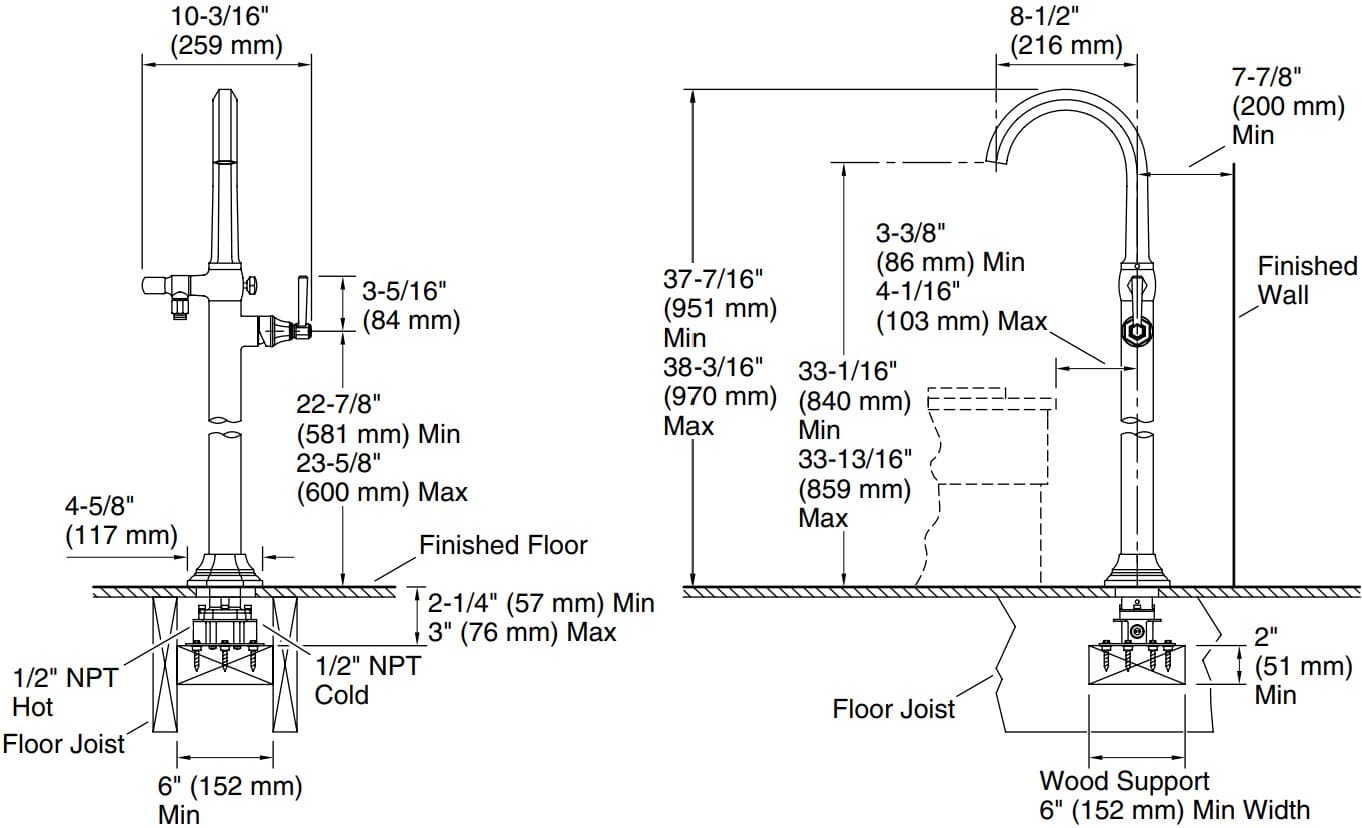 Bản vẽ vòi bồn tắm 1 chân Kallista P22729