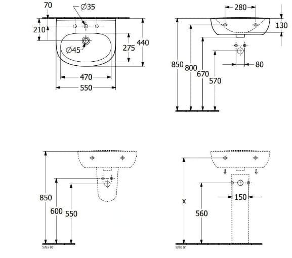 Bản vẽ kỹ thuật chậu rửa lavabo Đức Villeroy-boch O.novo 4A405501