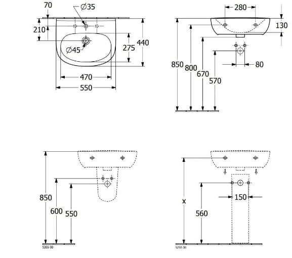 Bản vẽ kỹ thuật chậu rửa lavabo Đức Villeroy-boch O.novo 4A405501