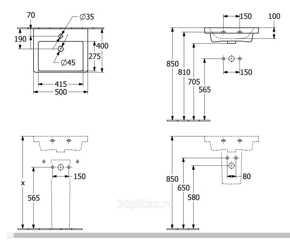 Bản vẽ kỹ thuật chậu rửa lavabo Đức Villeroy-boch Subway 3.0 4370FF01