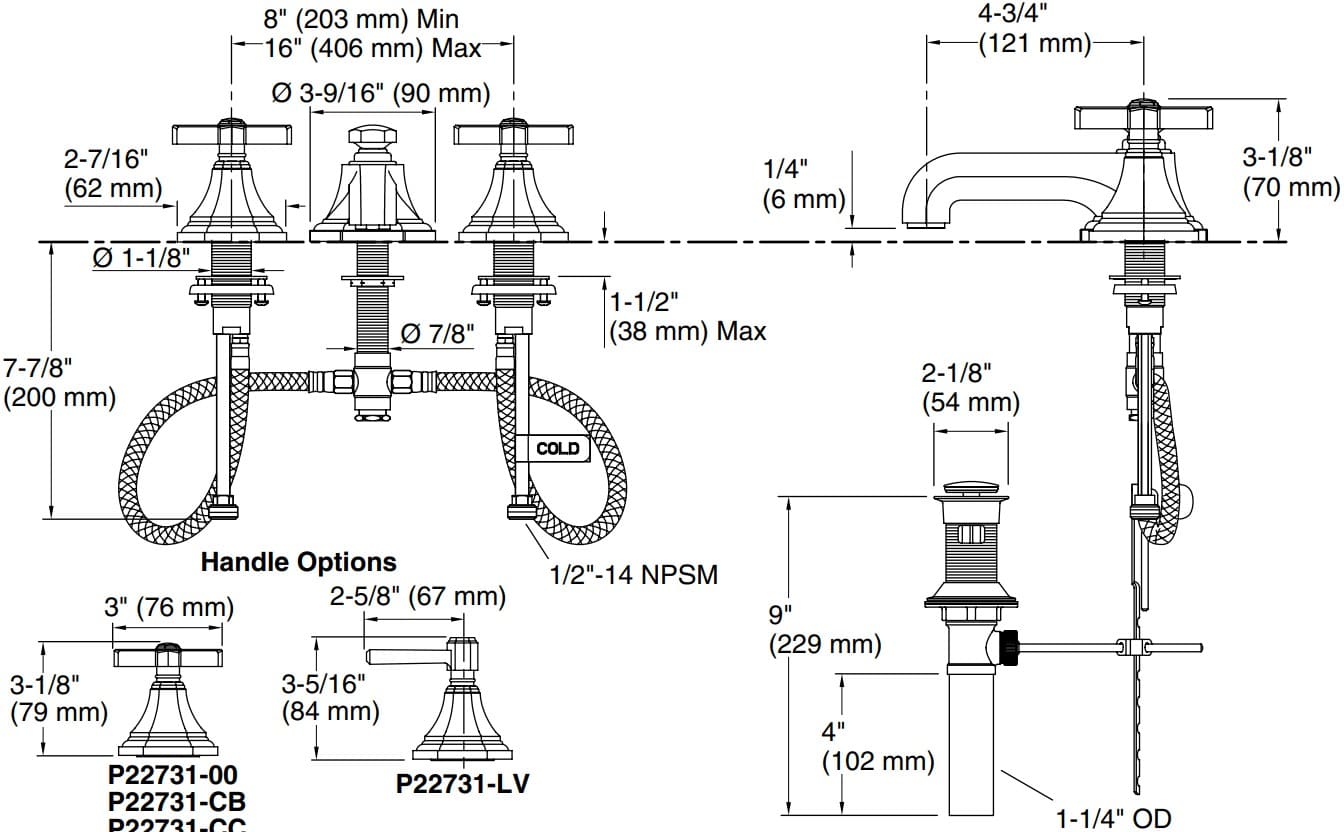Bản vẽ vòi lavabo nóng lạnh gắn chậu Kallista P22731