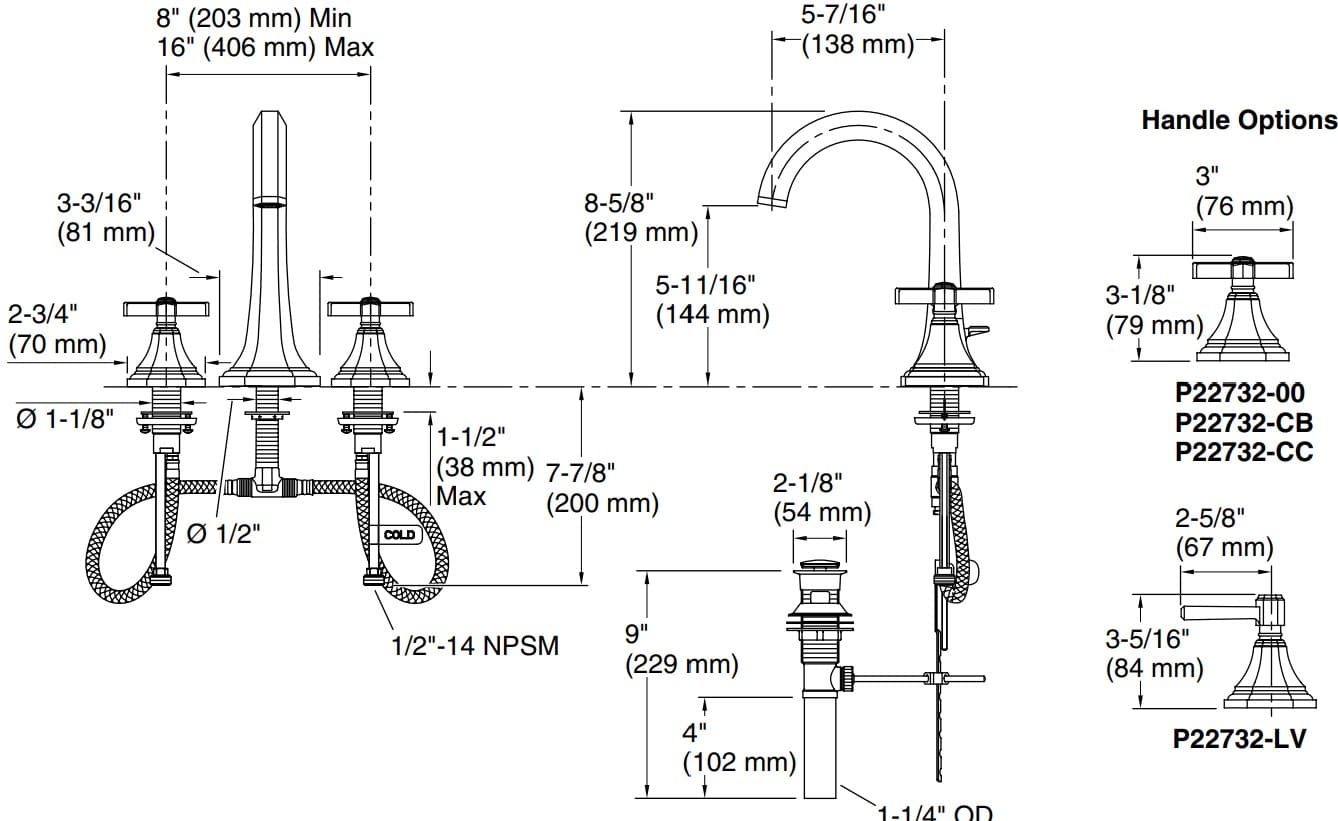 Bản vẽ vòi lavabo nóng lạnh gắn chậu Kallista P22732