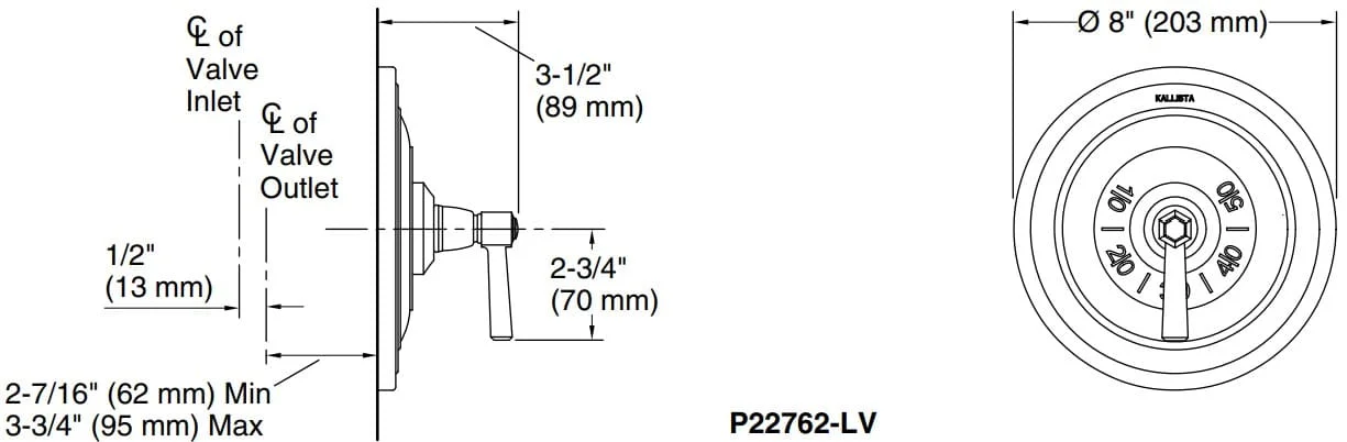 Bản vẽ mặt nạ điều chỉnh gắn tường Kallista P22762
