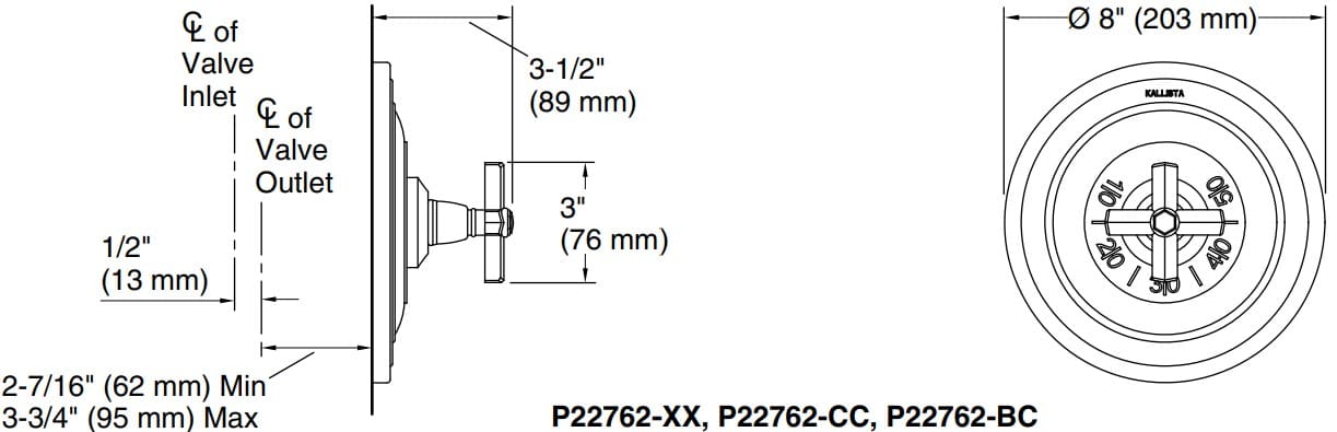 Bản vẽ mặt nạ điều chỉnh gắn tường Kallista P22762-XX